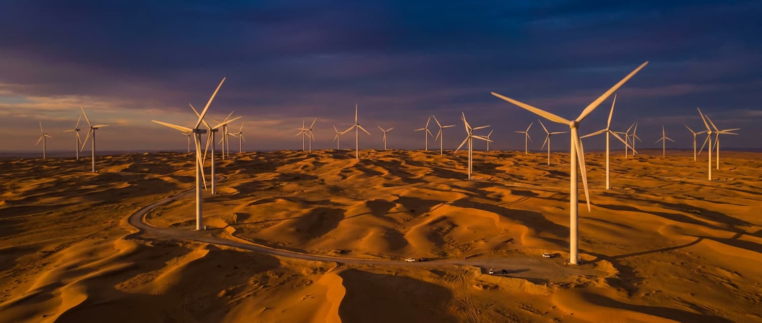 Renewable energy systems, solar arrays, and wind turbine installations.