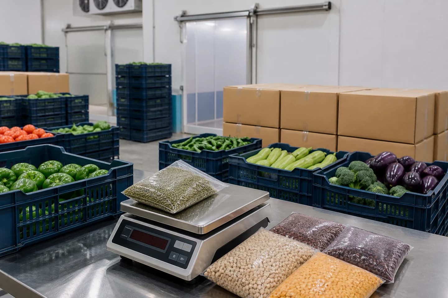 Fresh produce, packaged grains, and export cartons in a food packhouse.