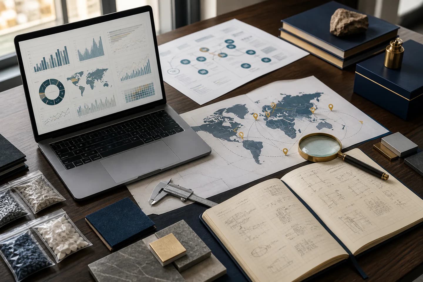Trade research desk with abstract analysis charts, route map, measuring tools, and material samples