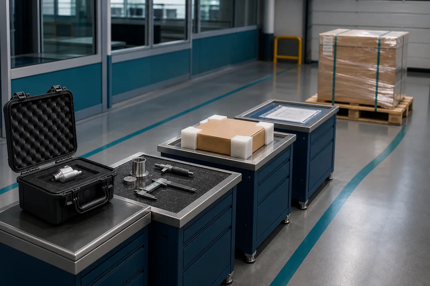 Five orderly quality control and packaging stations leading to a shipment-ready pallet