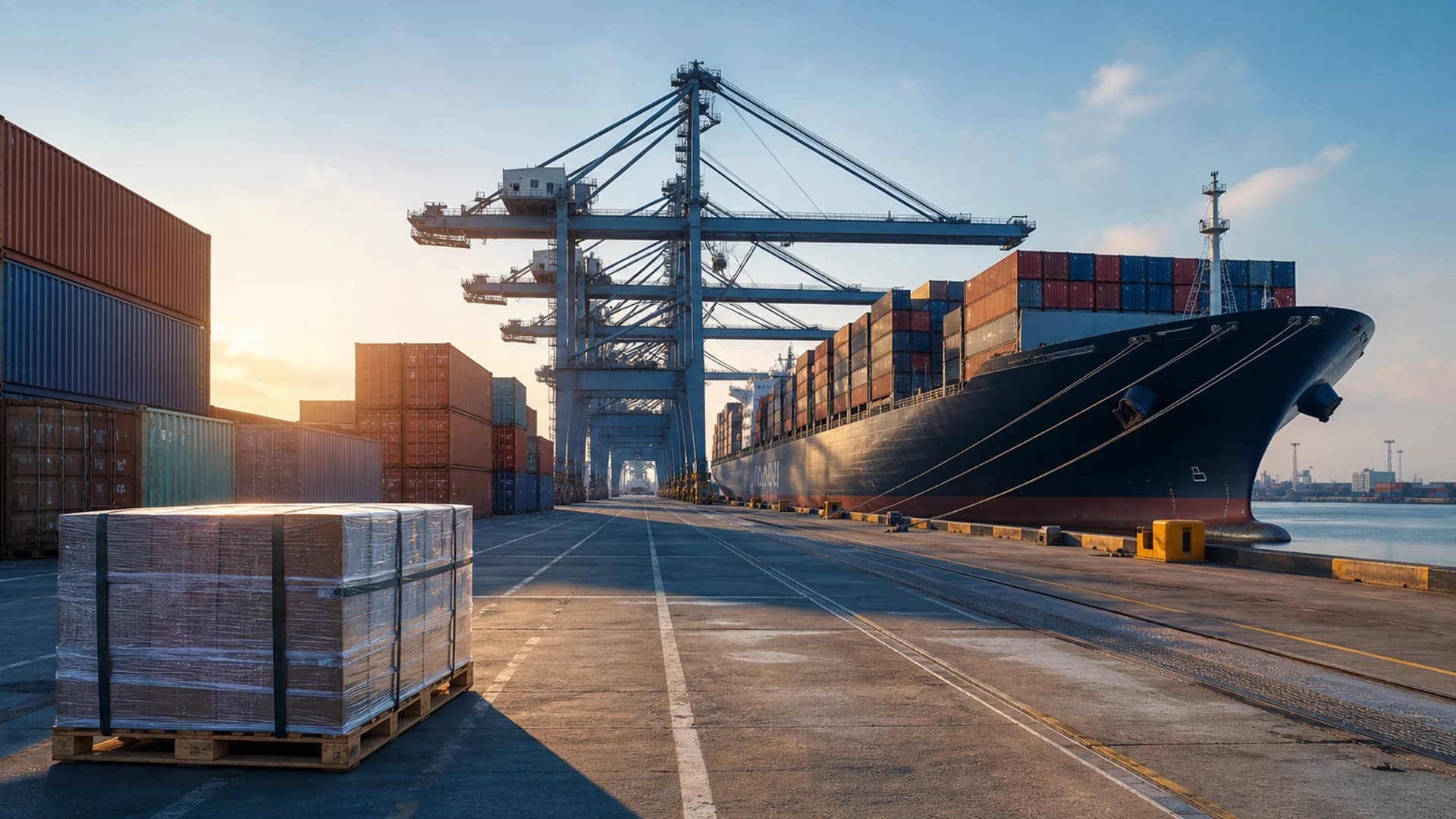 Container vessel and export cargo at an orderly port terminal.