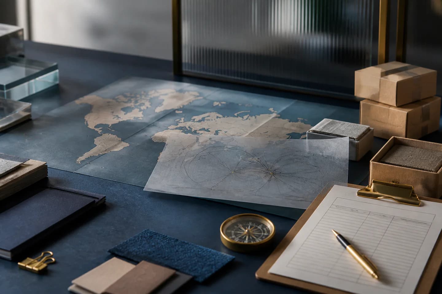 World map, material samples, shipping route plan, and inspection documents arranged on a trade coordination desk