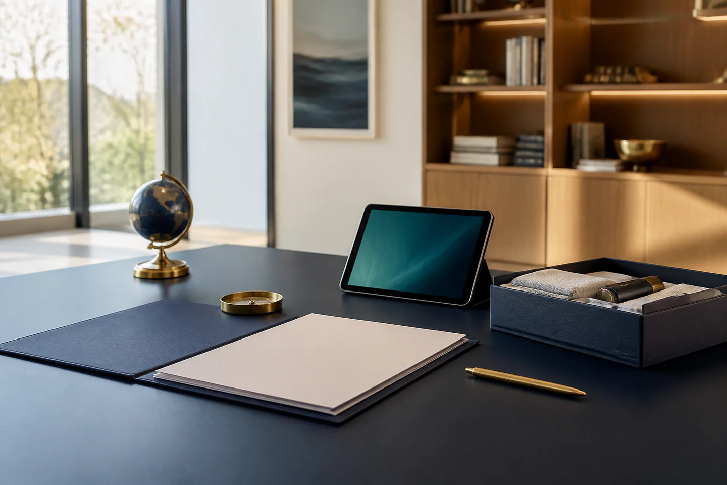Prepared trade briefing desk with blank specification papers, product sample box, globe, compass, and tablet