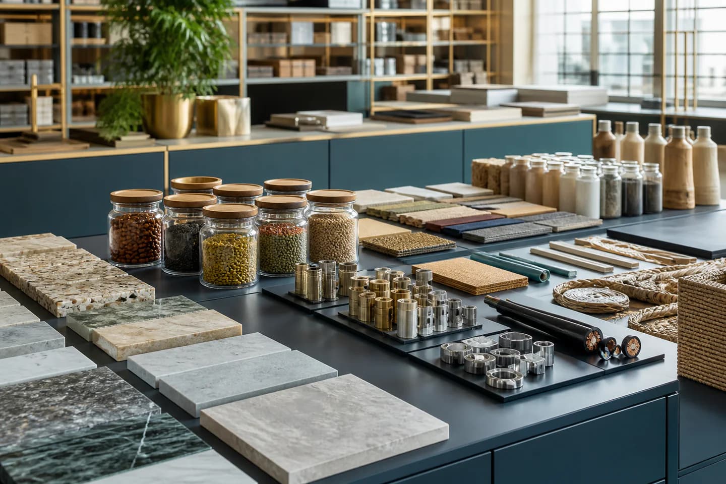 Organized sourcing library with stone, grain, packaging, metal, cable, and craft material samples